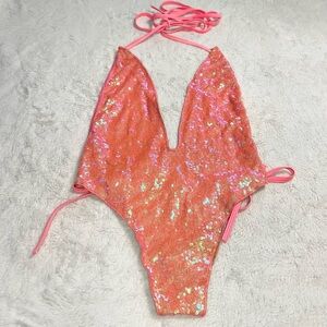 La Costanera Coral Pink Sequin Halter Plunge One-Piece Swimsuit One Size